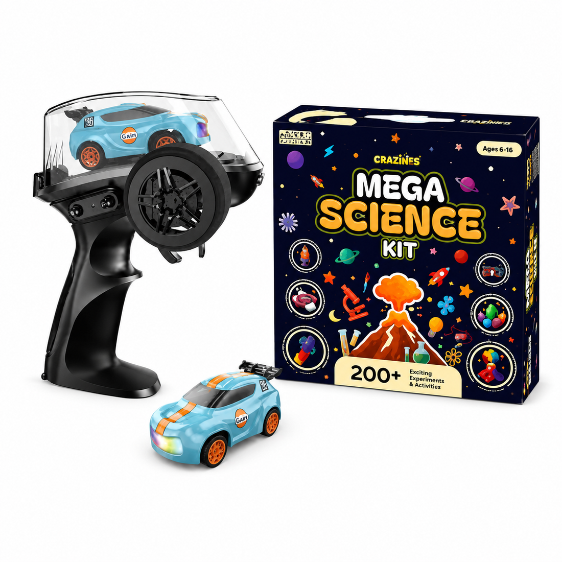 CRAZINOS Mega Science Kit & Mini RC Drift Car Combo for Kids | 200+ STEM Science Experiments Kit with 1:64 Scale Remote Control Racing Car, LED Lights & Dual Speed Mode | Educational & Racing Toy Set for Boys & Girls Age 4-16 Years