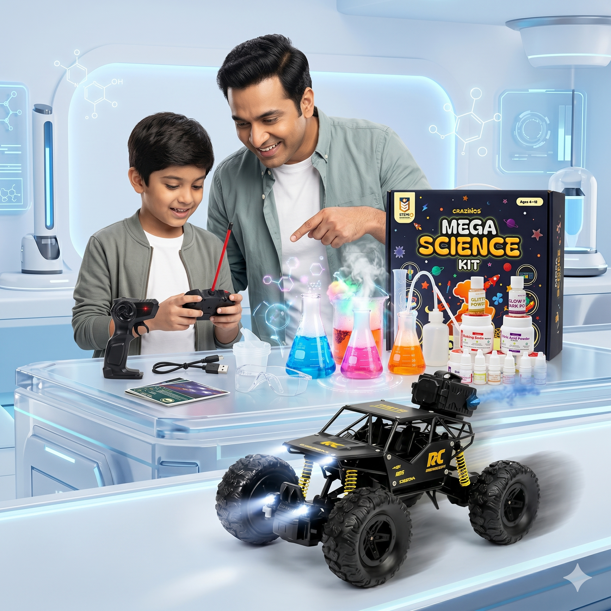CRAZINOS Mega Science Kit & Off Road RC Monster Truck Combo for