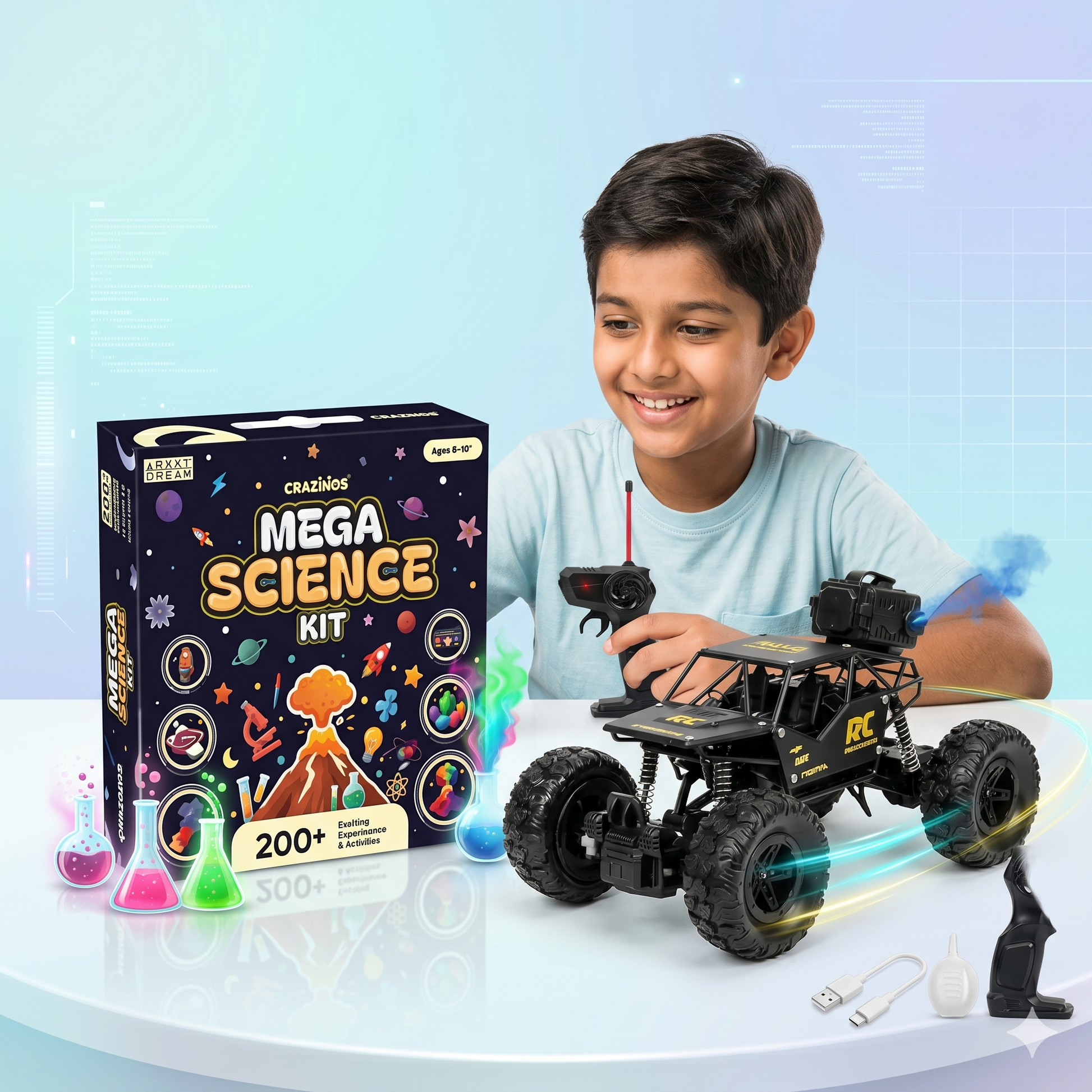 CRAZINOS Mega Science Kit & Off Road RC Monster Truck Combo for
