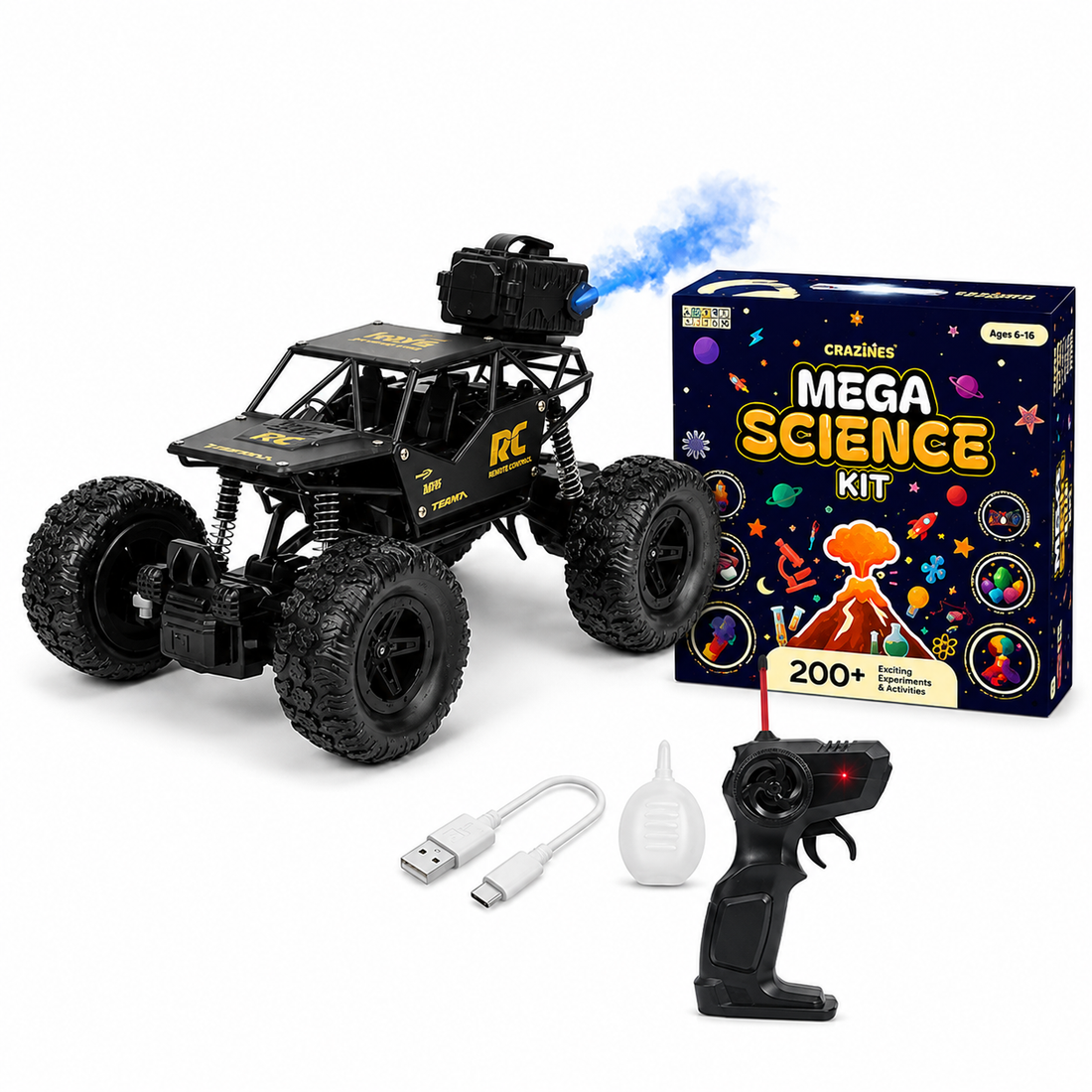 CRAZINOS Mega Science Kit & Off Road RC Monster Truck Combo for Kids | 200+ STEM Science Experiments Kit with Rechargeable Remote Control Monster Truck, LED Headlights & 2.4GHz Remote | Educational & Off Road Toy Set for Boys & Girls Age 4-16 Years