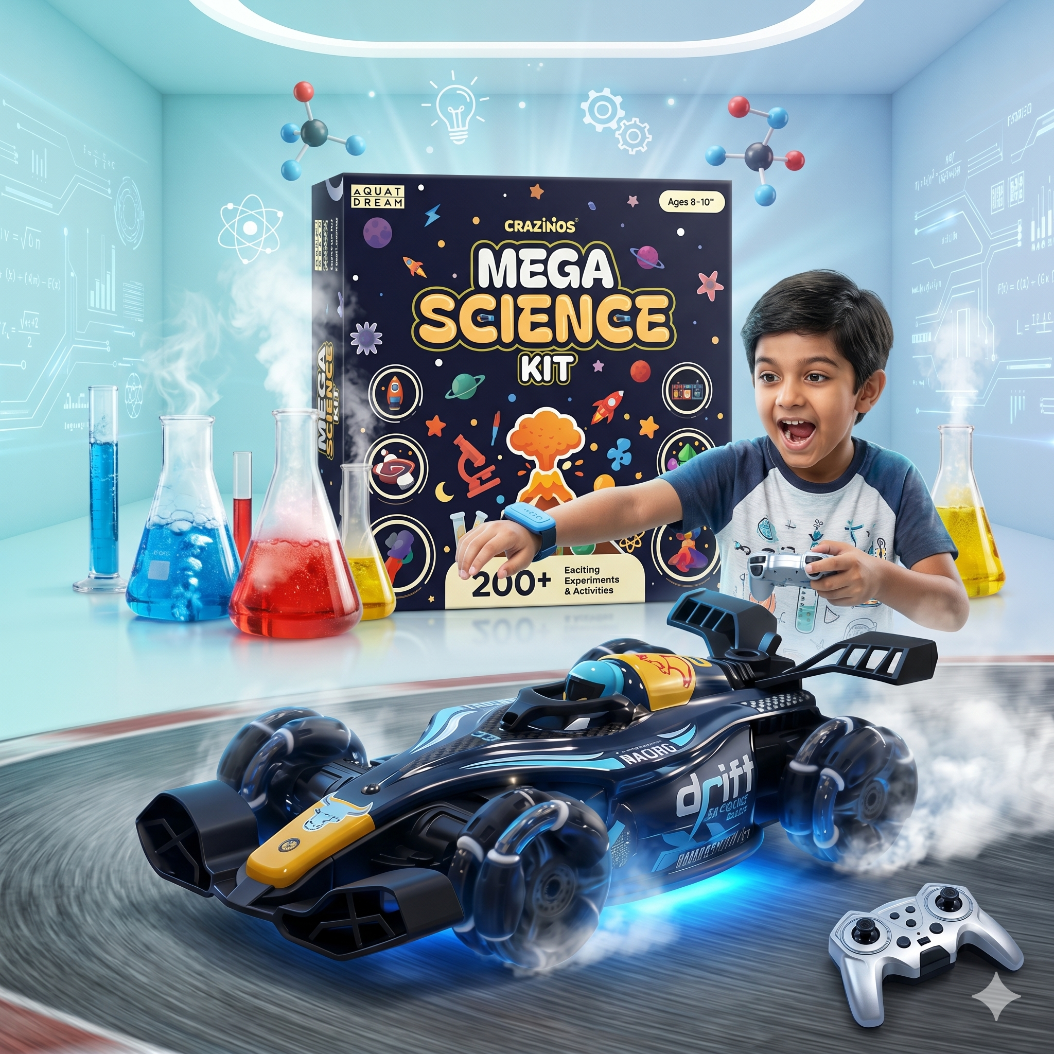 CRAZINOS Mega Science Kit & RC Drift Stunt Car Combo for Kids | 200+ STEM Science Experiments Kit with 1:14 Scale 4WD Gesture Control Racing Car, LED Lights, Smoke Effect & 360° Stunts | Educational Toy Set for Boys & Girls Age 4-16 Years