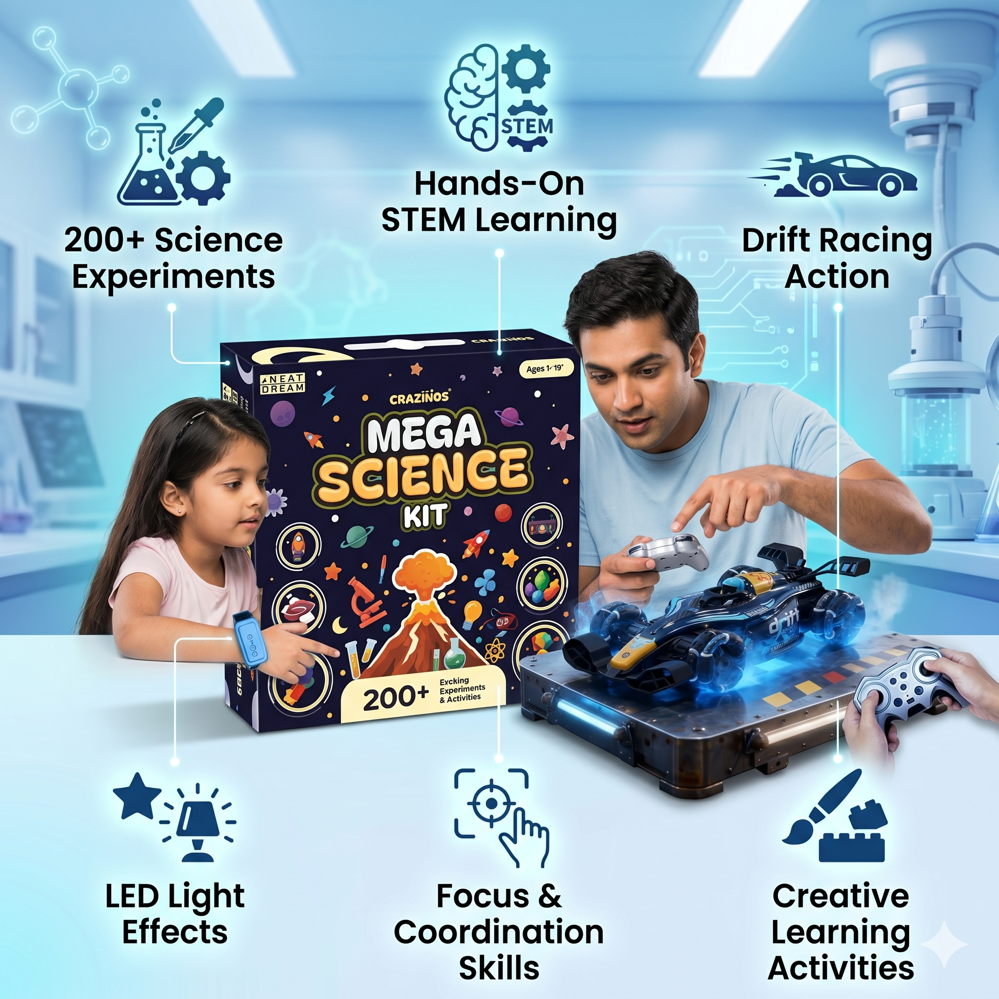CRAZINOS Mega Science Kit & RC Drift Stunt Car Combo for Kids | 200+ STEM Science Experiments Kit with 1:14 Scale 4WD Gesture Control Racing Car, LED Lights, Smoke Effect & 360° Stunts | Educational Toy Set for Boys & Girls Age 4-16 Years