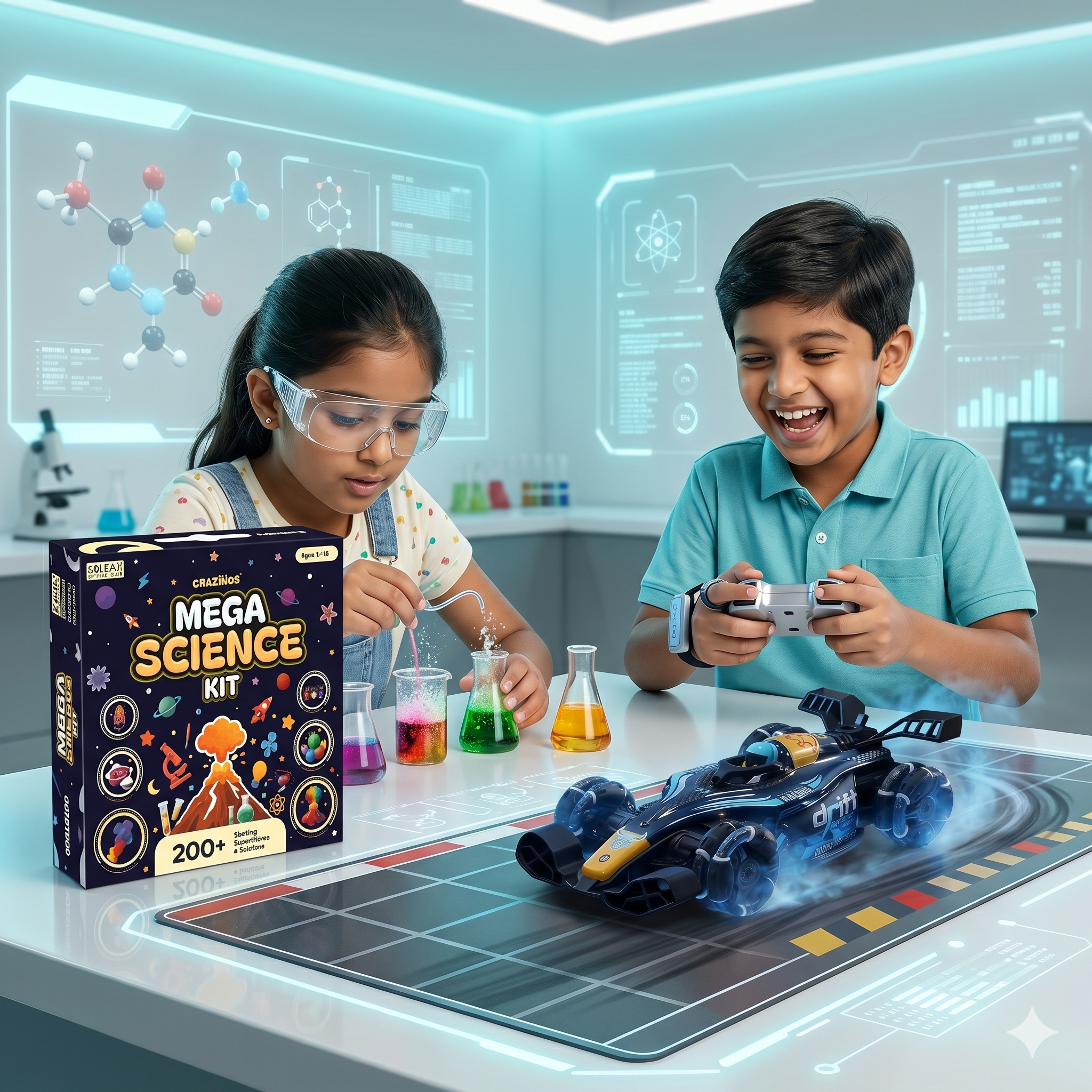 CRAZINOS Mega Science Kit & RC Drift Stunt Car Combo for Kids | 200+ STEM Science Experiments Kit with 1:14 Scale 4WD Gesture Control Racing Car, LED Lights, Smoke Effect & 360° Stunts | Educational Toy Set for Boys & Girls Age 4-16 Years