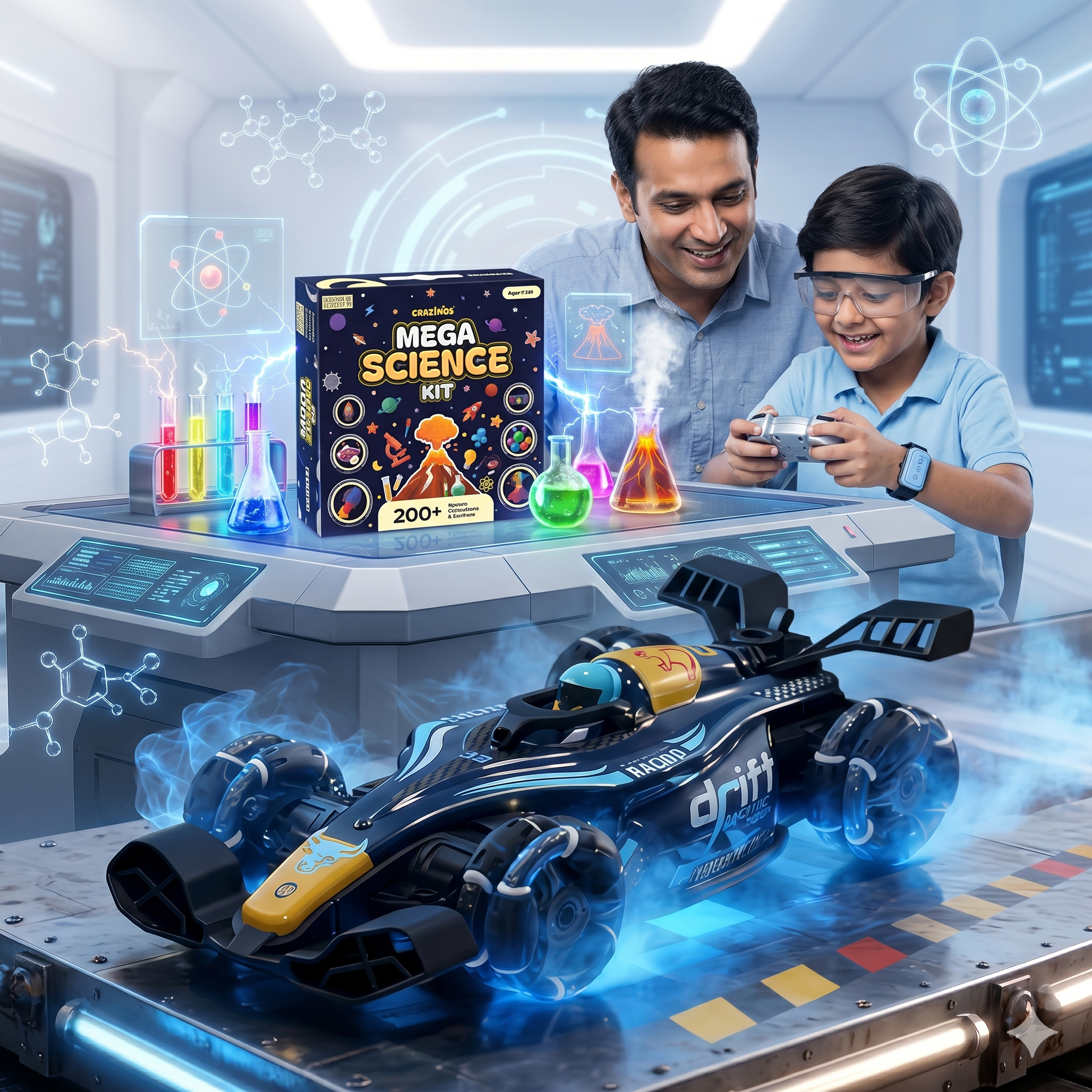 CRAZINOS Mega Science Kit & RC Drift Stunt Car Combo for Kids | 200+ STEM Science Experiments Kit with 1:14 Scale 4WD Gesture Control Racing Car, LED Lights, Smoke Effect & 360° Stunts | Educational Toy Set for Boys & Girls Age 4-16 Years