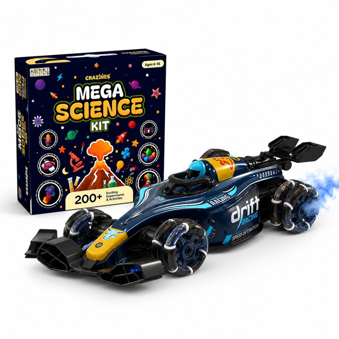 CRAZINOS Mega Science Kit & RC Drift Stunt Car Combo for Kids | 200+ STEM Science Experiments Kit with 1:14 Scale 4WD Gesture Control Racing Car, LED Lights, Smoke Effect & 360° Stunts | Educational Toy Set for Boys & Girls Age 4-16 Years