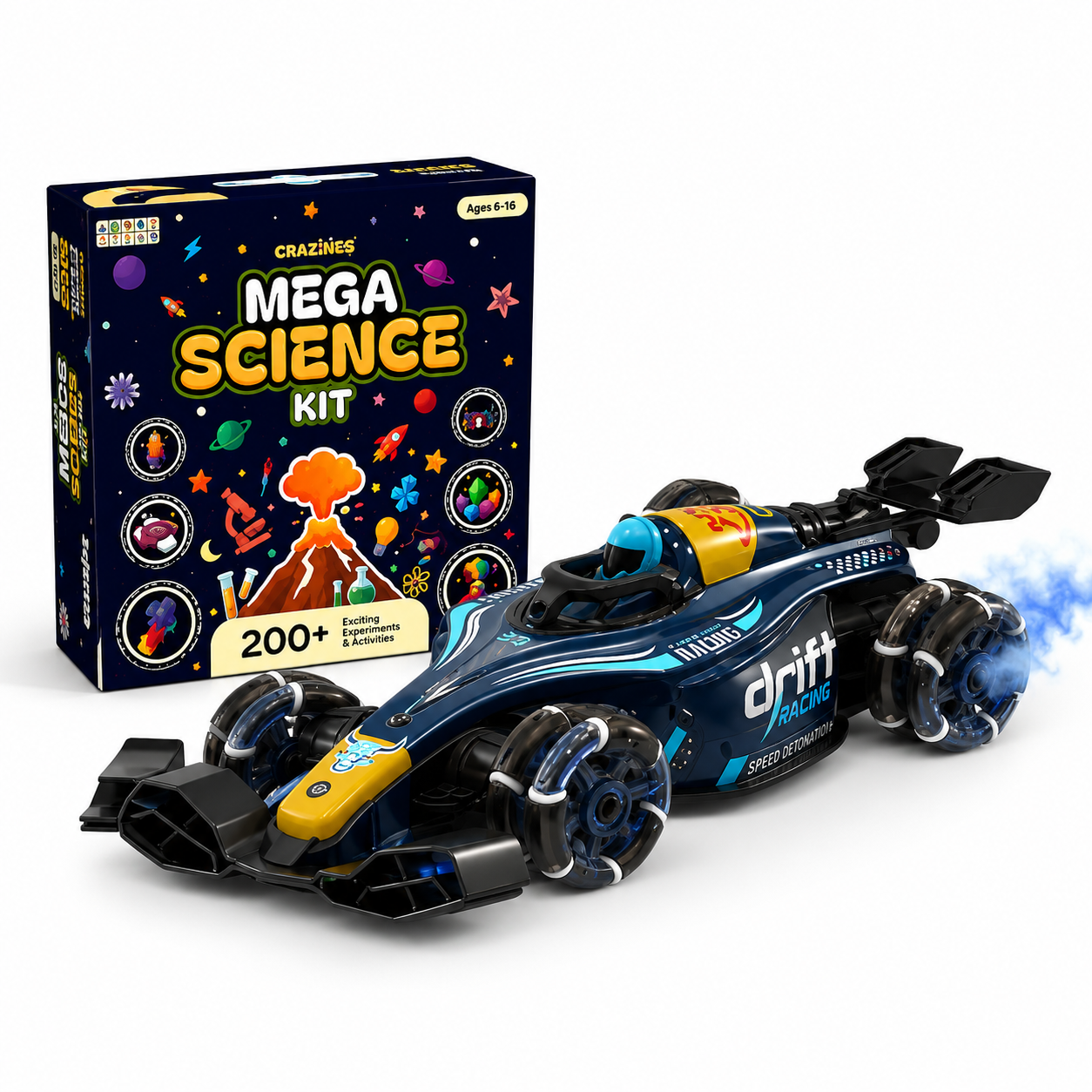 CRAZINOS Mega Science Kit & RC Drift Stunt Car Combo for Kids | 200+ STEM Science Experiments Kit with 1:14 Scale 4WD Gesture Control Racing Car, LED Lights, Smoke Effect & 360° Stunts | Educational Toy Set for Boys & Girls Age 4-16 Years