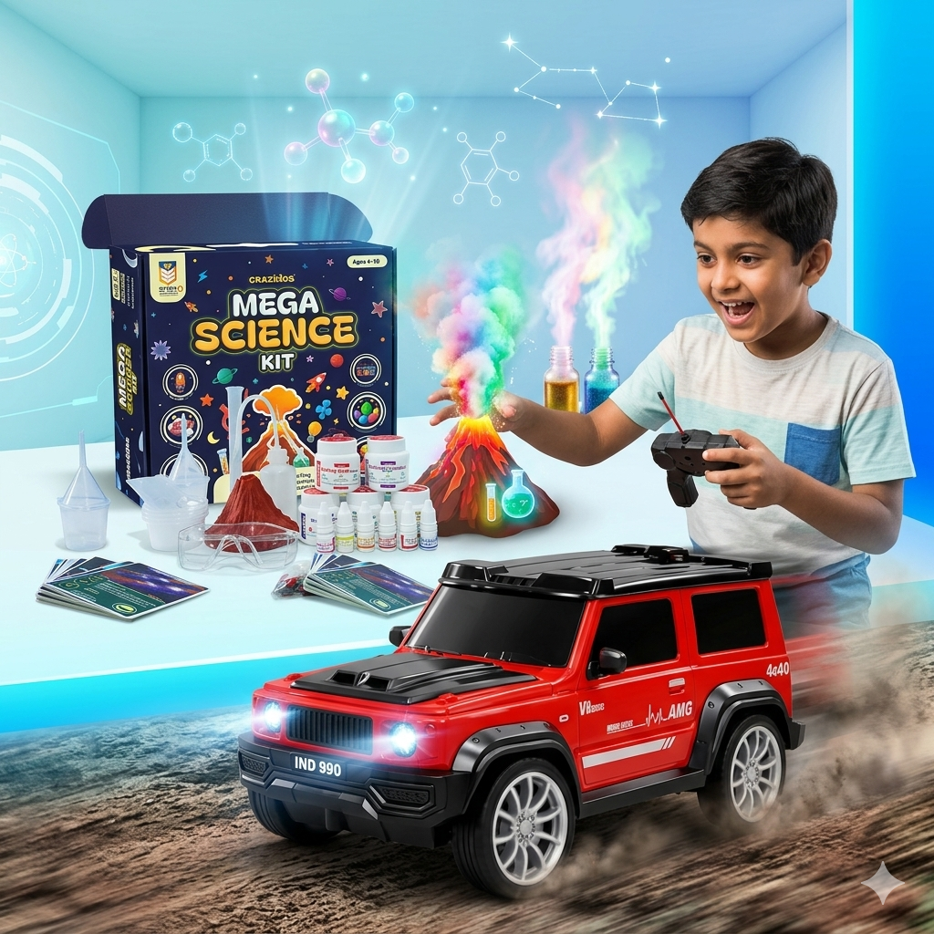 CRAZINOS Mega STEM Science & RC SUV Combo for Kids | 200+ Hands-On School Experiments Kit with Rechargeable G-Class Remote Control Car, LED Lights, Smoke Effect & Music | Educational Birthday Gift for Boys & Girls Age 4–16 Years
