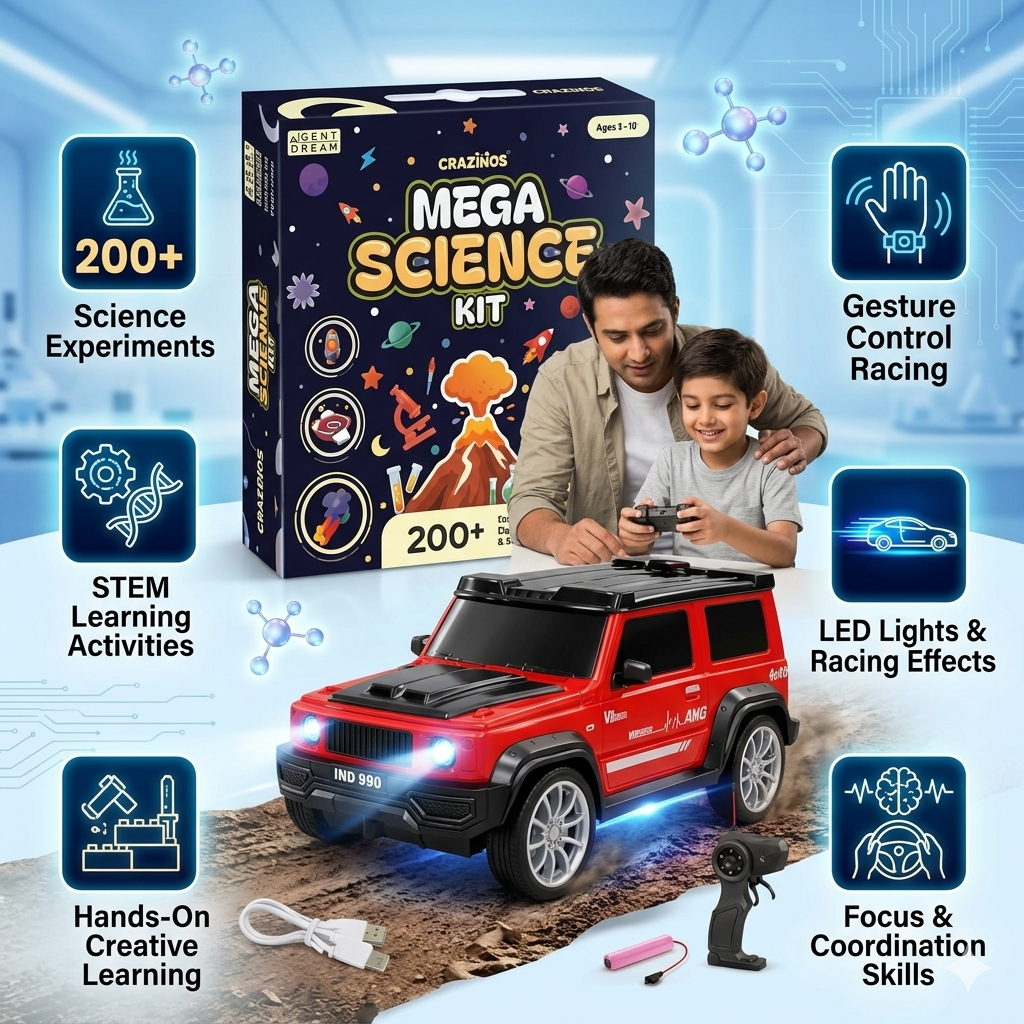 CRAZINOS Mega STEM Science & RC SUV Combo for Kids | 200+ Hands-On School Experiments Kit with Rechargeable G-Class Remote Control Car, LED Lights, Smoke Effect & Music | Educational Birthday Gift for Boys & Girls Age 4–16 Years