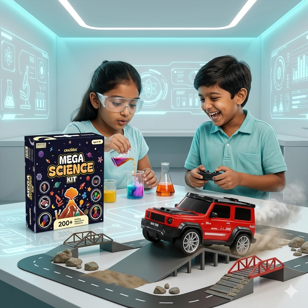 CRAZINOS Mega STEM Science & RC SUV Combo for Kids | 200+ Hands-On School Experiments Kit with Rechargeable G-Class Remote Control Car, LED Lights, Smoke Effect & Music | Educational Birthday Gift for Boys & Girls Age 4–16 Years