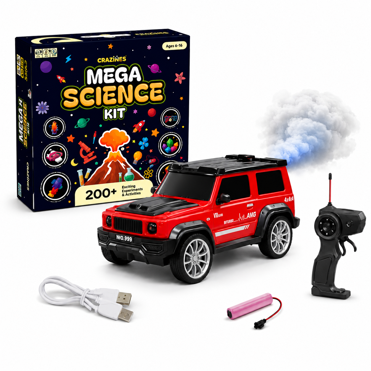 CRAZINOS Mega STEM Science & RC SUV Combo for Kids | 200+ Hands-On School Experiments Kit with Rechargeable G-Class Remote Control Car, LED Lights, Smoke Effect & Music | Educational Birthday Gift for Boys & Girls Age 4–16 Years