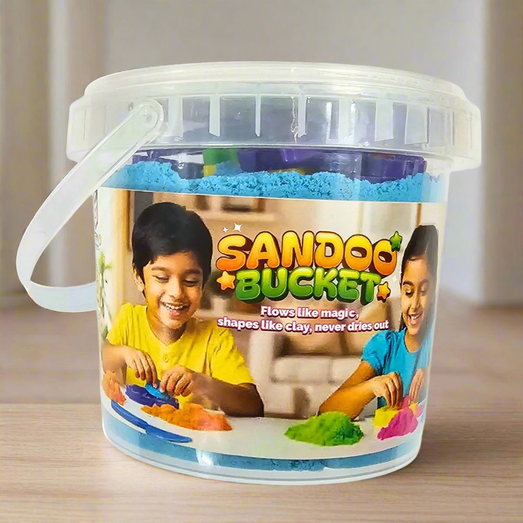 Sandoo Bucket | 1Kg Kinetic Sand for Kids with 15 Moulds & Tools | Magic Sensory Sand Toy Set for Boys & Girls Age 3+ | DIY Educational Activity Kit & Birthday Gift Idea