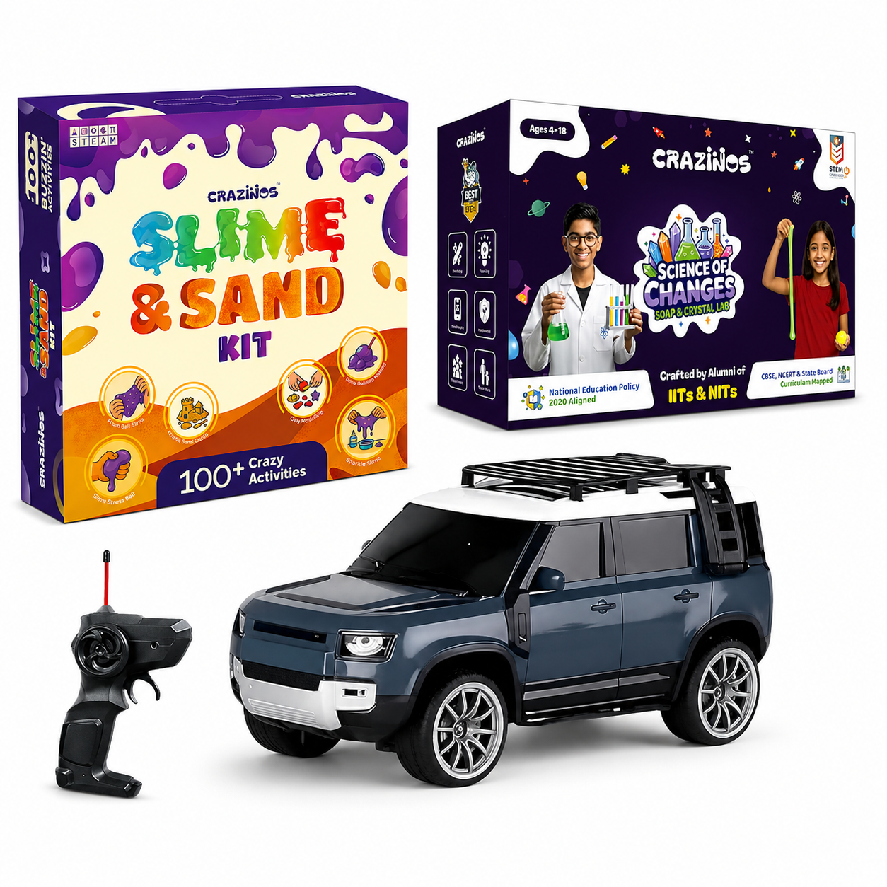 CRAZINOS Ultimate STEM Fun Combo for Kids | 3 in 1 Slime, Sand & Clay Kit, Defender RC SUV Car with LED Smoke Effect & Soap Crystal Science Kit | Educational Rechargeable RC Car & DIY STEM Toys | Birthday Gift for Boys & Girls (4–18 Years)