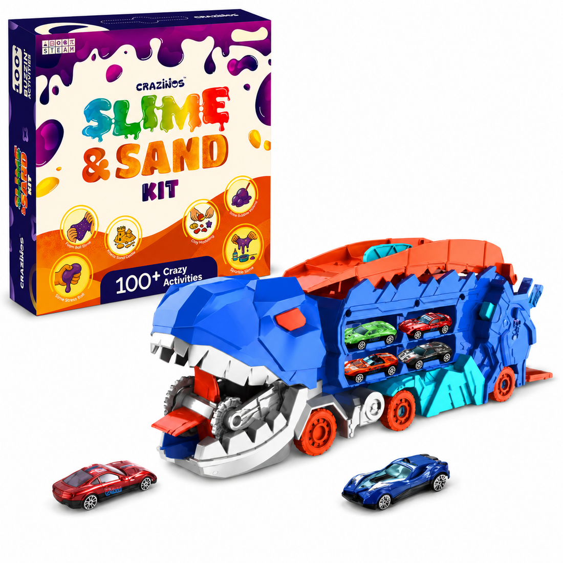 CRAZINOS 3 in 1 Slime, Kinetic Sand & Clay STEM Activity Kit with Transforming Dinosaur Truck & 20-Inch Foldable Race Track Toy | 100+ Sensory Learning Activities | Educational Birthday Gift for Kids Age 3–16 Years