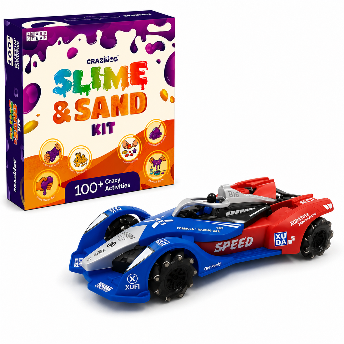 CRAZINOS 3 in 1 Slime, Kinetic Sand & Clay STEM Activity Kit with Gesture Control RC Drift Racing Car | 100+ Sensory Learning Activities & Rechargeable 4WD Remote Control Toy | Birthday Gift for Boys & Girls Age 4-16 Years