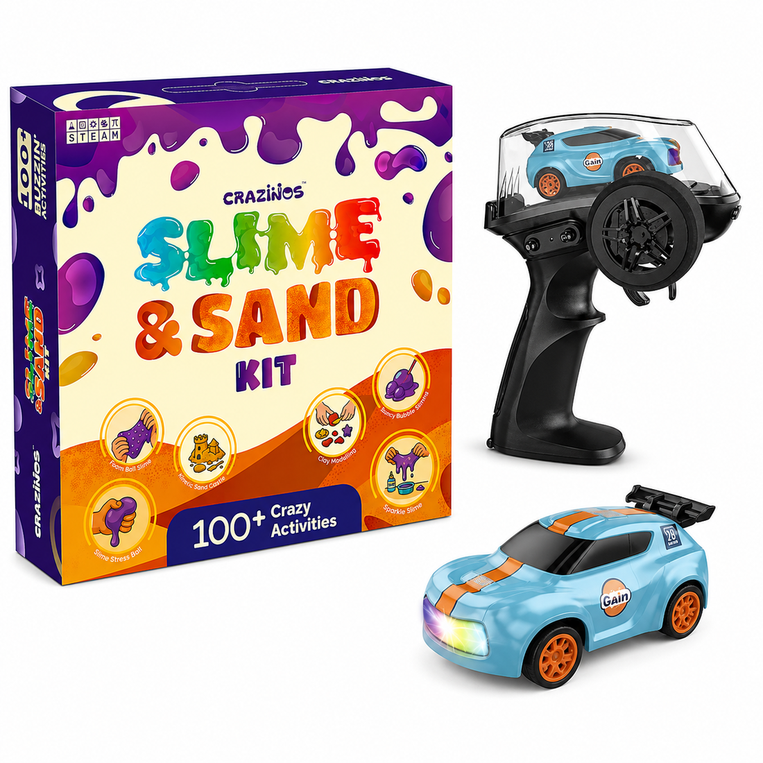 CRAZINOS Ultimate STEM & Racing Combo for Kids | 3-in-1 Slime, Sand & Clay Kit with 100+ Activities + Mini 1:64 RC Drift Car with LED Lights & Remote Control | Educational Birthday Gift Set for Boys & Girls Age 4–16 Years