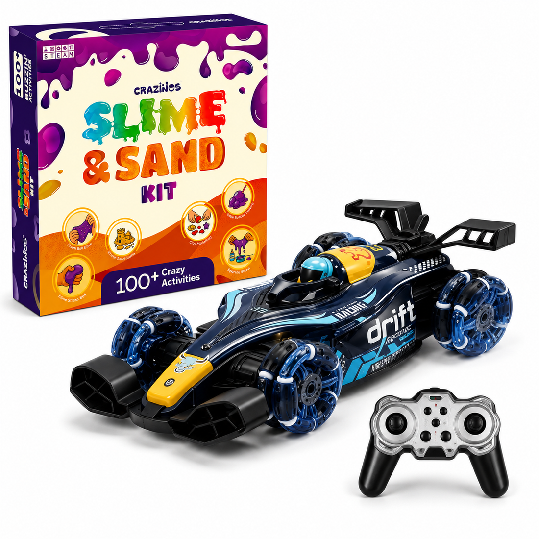 CRAZINOS 3 in 1 Slime, Kinetic Sand & Clay Kit with Off Road RC Monster Truck for Kids | 100+ STEM Sensory Activities & Rechargeable Remote Control Car Toy | Educational Birthday Gift for Boys & Girls Age 4-16 Years