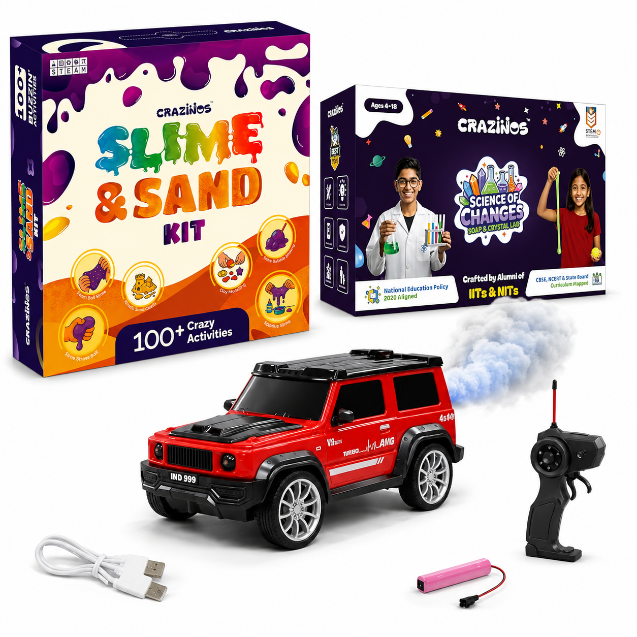 CRAZINOS 3 in 1 Slime, Kinetic Sand & Clay STEM Activity Kit with G-Class Remote Control SUV Car Toy & Soap Crystal Science Making Kit | 100+ Sensory STEM Activities, LED & Smoke RC Car | Educational Birthday Gift for Kids Age 3–18 Years