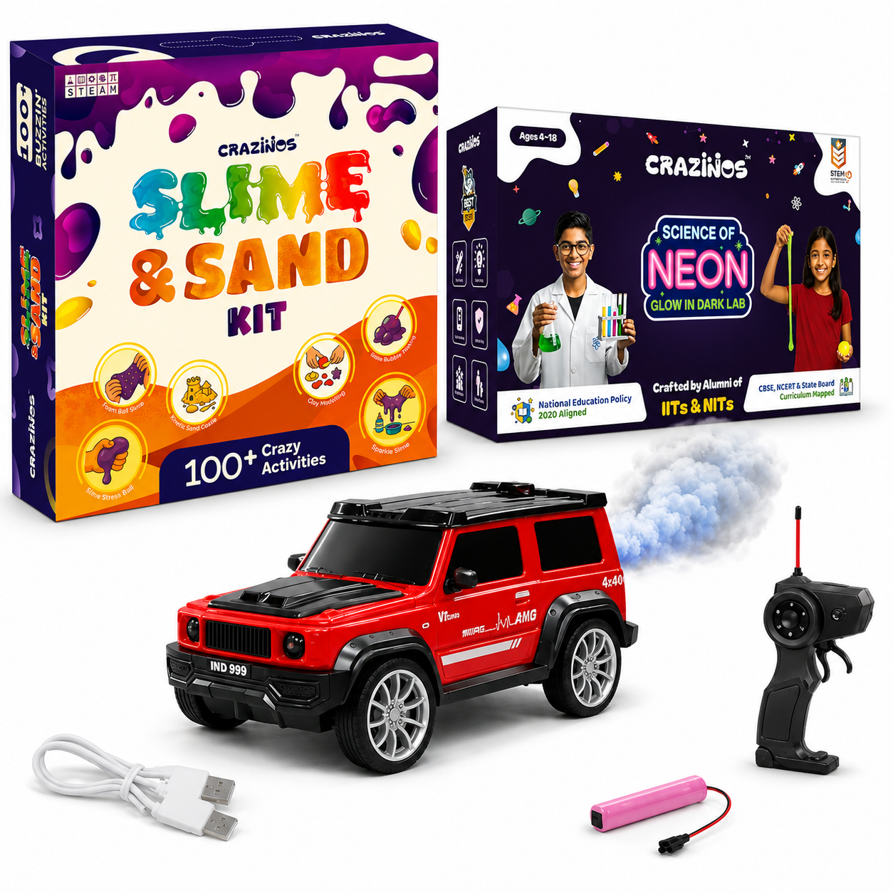 CRAZINOS 3 in 1 Slime, Kinetic Sand & Clay STEM Activity Kit with G-Class Remote Control SUV Car & Glow in Dark Science Kit | 120+ STEM Experiments, LED RC Car with Smoke Effect | Educational Birthday Gift for Kids Age 4–18 Years
