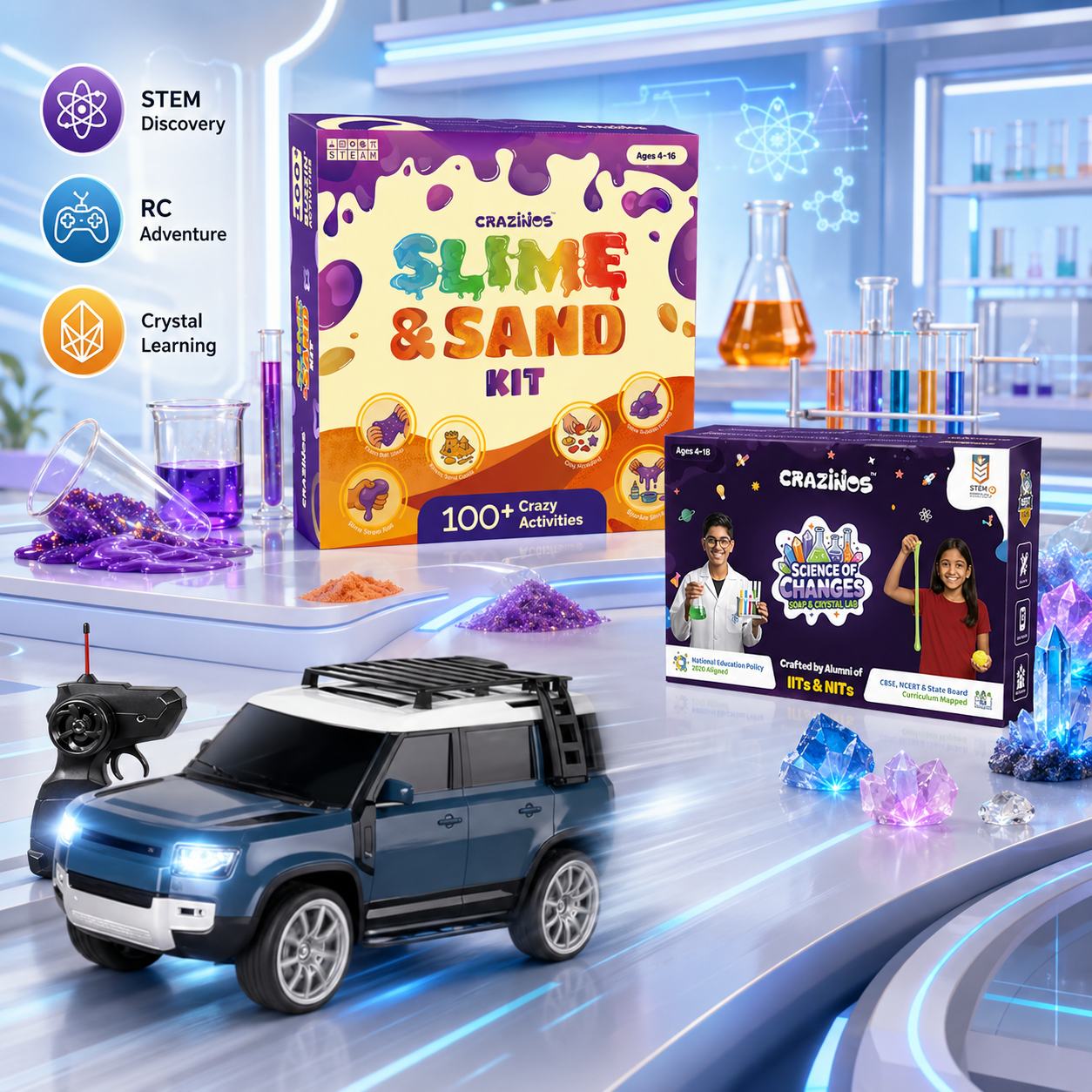 CRAZINOS Ultimate STEM Fun Combo for Kids | 3 in 1 Slime, Sand & Clay Kit, Defender RC SUV Car with LED Smoke Effect & Soap Crystal Science Kit | Educational Rechargeable RC Car & DIY STEM Toys | Birthday Gift for Boys & Girls (4–18 Years)