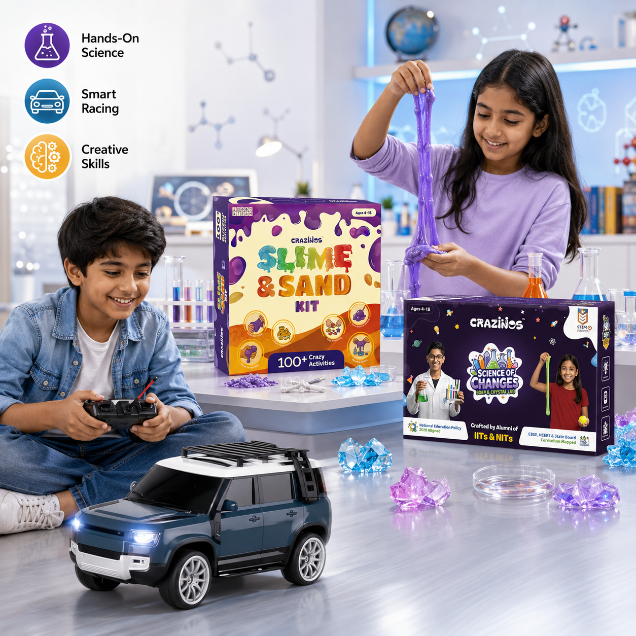 CRAZINOS Ultimate STEM Fun Combo for Kids | 3 in 1 Slime, Sand & Clay Kit, Defender RC SUV Car with LED Smoke Effect & Soap Crystal Science Kit | Educational Rechargeable RC Car & DIY STEM Toys | Birthday Gift for Boys & Girls (4–18 Years)