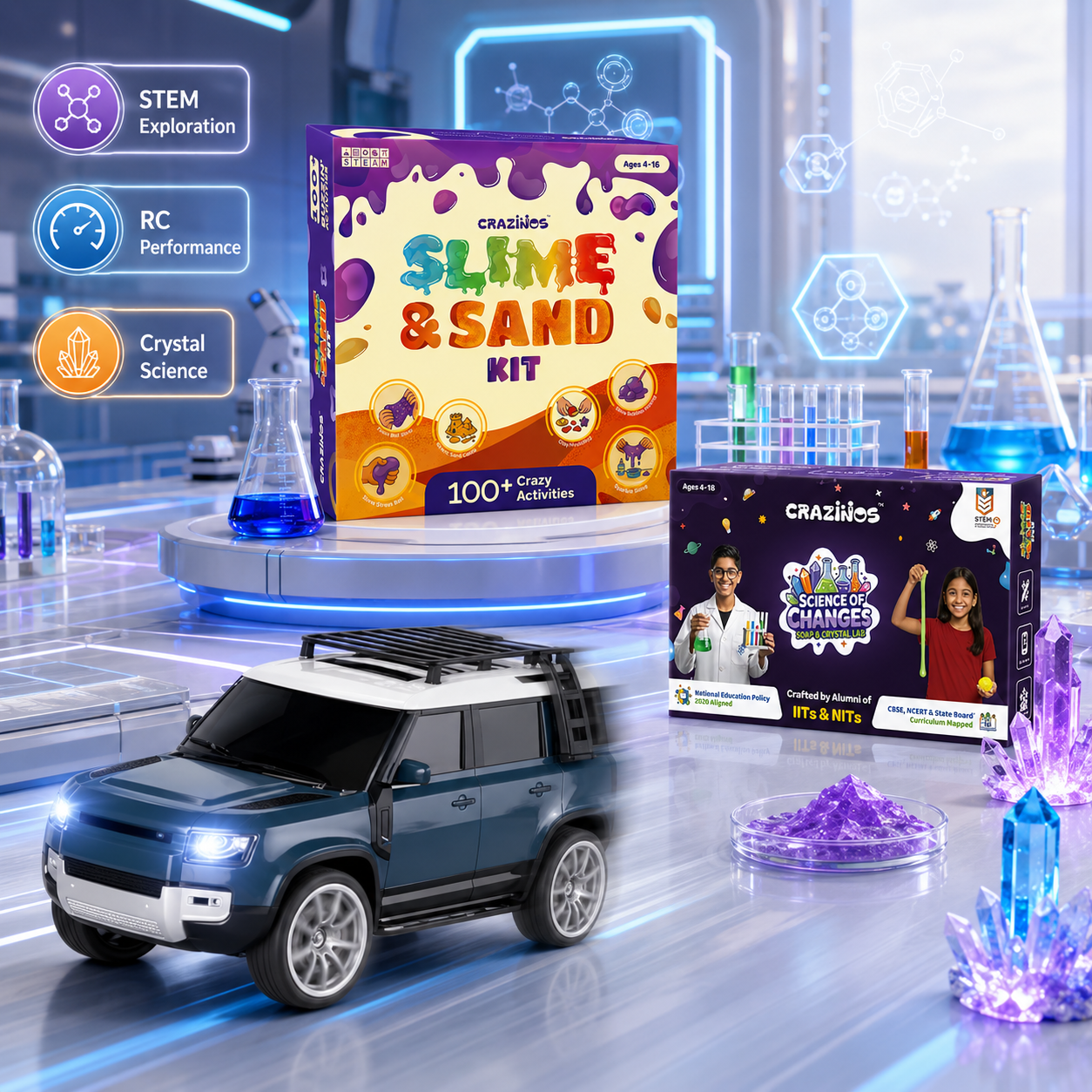 CRAZINOS Ultimate STEM Fun Combo for Kids | 3 in 1 Slime, Sand & Clay Kit, Defender RC SUV Car with LED Smoke Effect & Soap Crystal Science Kit | Educational Rechargeable RC Car & DIY STEM Toys | Birthday Gift for Boys & Girls (4–18 Years)