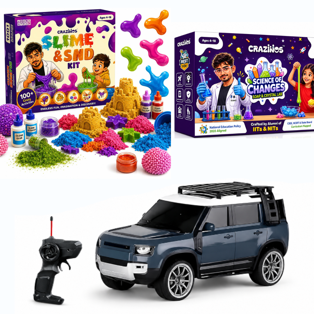 CRAZINOS Ultimate STEM Fun Combo for Kids | 3 in 1 Slime, Sand & Clay Kit, Defender RC SUV Car with LED Smoke Effect & Soap Crystal Science Kit | Educational Rechargeable RC Car & DIY STEM Toys | Birthday Gift for Boys & Girls (4–18 Years)