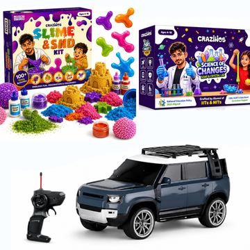 CRAZINOS Ultimate STEM Fun Combo for Kids | 3 in 1 Slime, Sand & Clay Kit, Defender RC SUV Car with LED Smoke Effect & Soap Crystal Science Kit | Educational Rechargeable RC Car & DIY STEM Toys | Birthday Gift for Boys & Girls (4–18 Years)