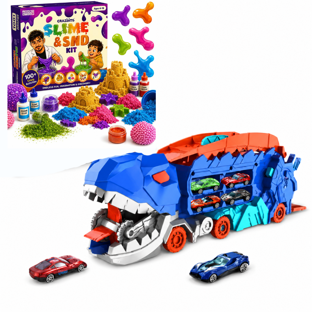 CRAZINOS 3 in 1 Slime, Kinetic Sand & Clay STEM Activity Kit with Transforming Dinosaur Truck & 20-Inch Foldable Race Track Toy | 100+ Sensory Learning Activities | Educational Birthday Gift for Kids Age 3–16 Years