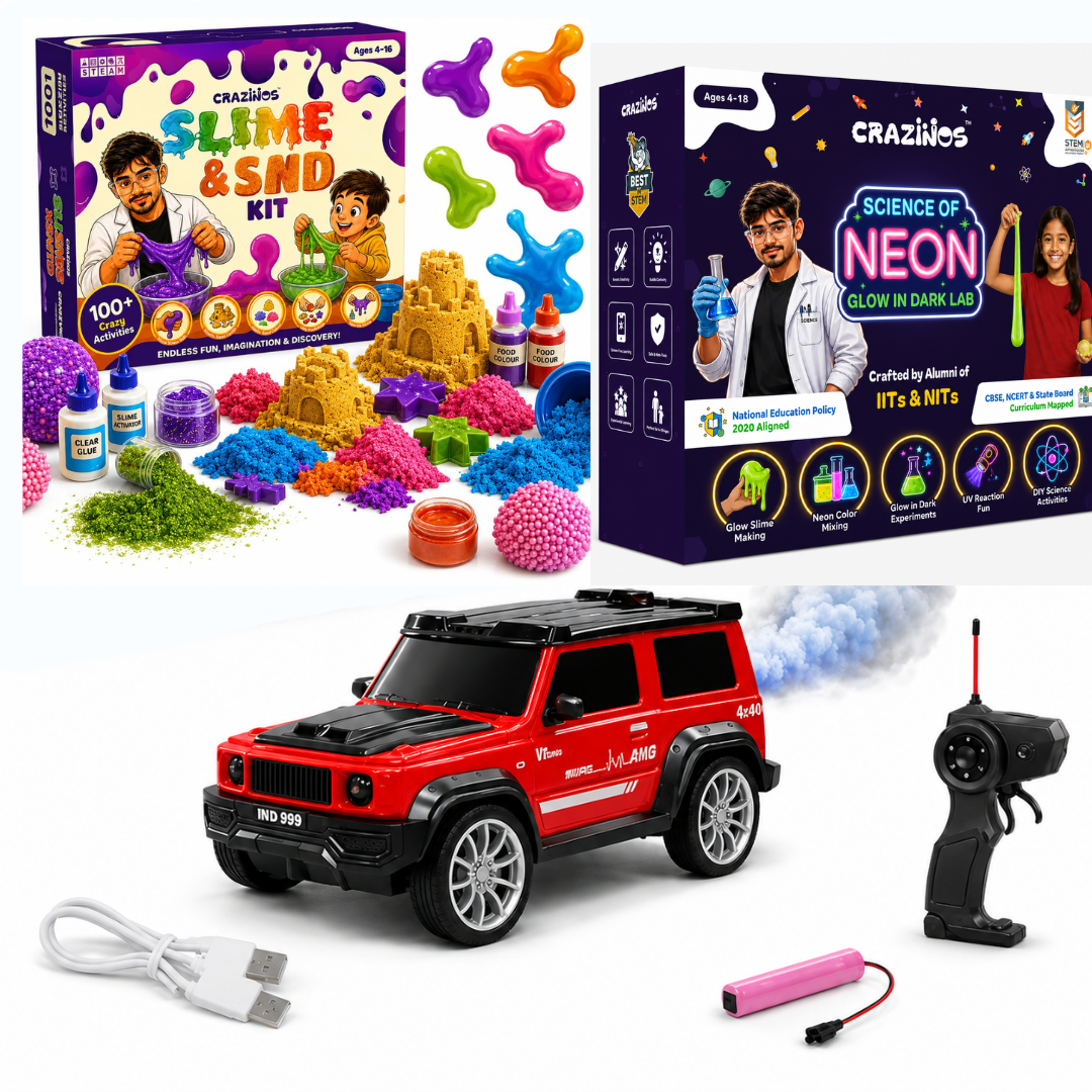 CRAZINOS 3 in 1 Slime, Kinetic Sand & Clay STEM Activity Kit with G-Class Remote Control SUV Car & Glow in Dark Science Kit | 120+ STEM Experiments, LED RC Car with Smoke Effect | Educational Birthday Gift for Kids Age 4–18 Years