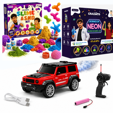 CRAZINOS 3 in 1 Slime, Kinetic Sand & Clay STEM Activity Kit with G-Class Remote Control SUV Car & Glow in Dark Science Kit | 120+ STEM Experiments, LED RC Car with Smoke Effect | Educational Birthday Gift for Kids Age 4–18 Years