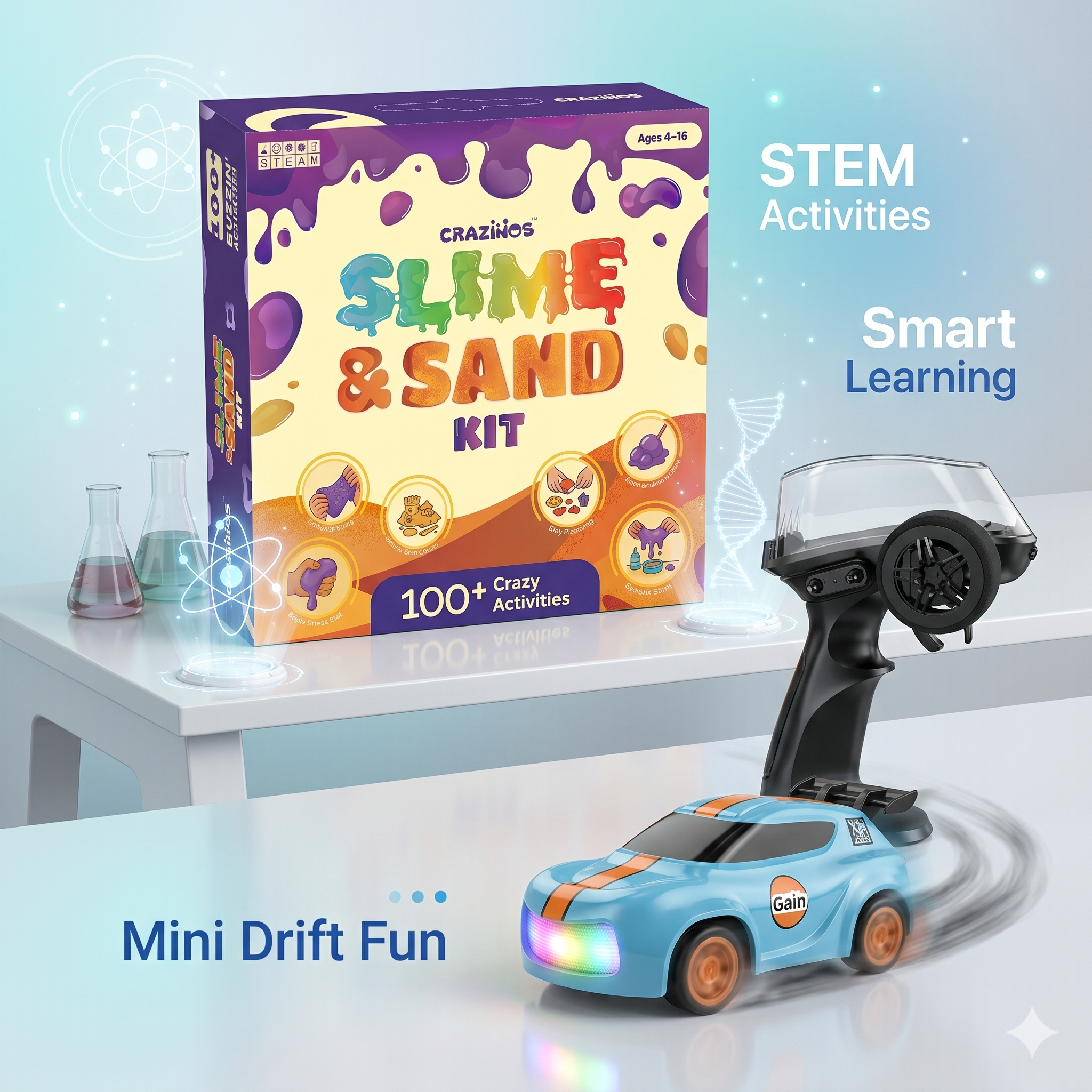 CRAZINOS Ultimate STEM & Racing Combo for Kids | 3-in-1 Slime, Sand & Clay Kit with 100+ Activities + Mini 1:64 RC Drift Car with LED Lights & Remote Control | Educational Birthday Gift Set for Boys & Girls Age 4–16 Years
