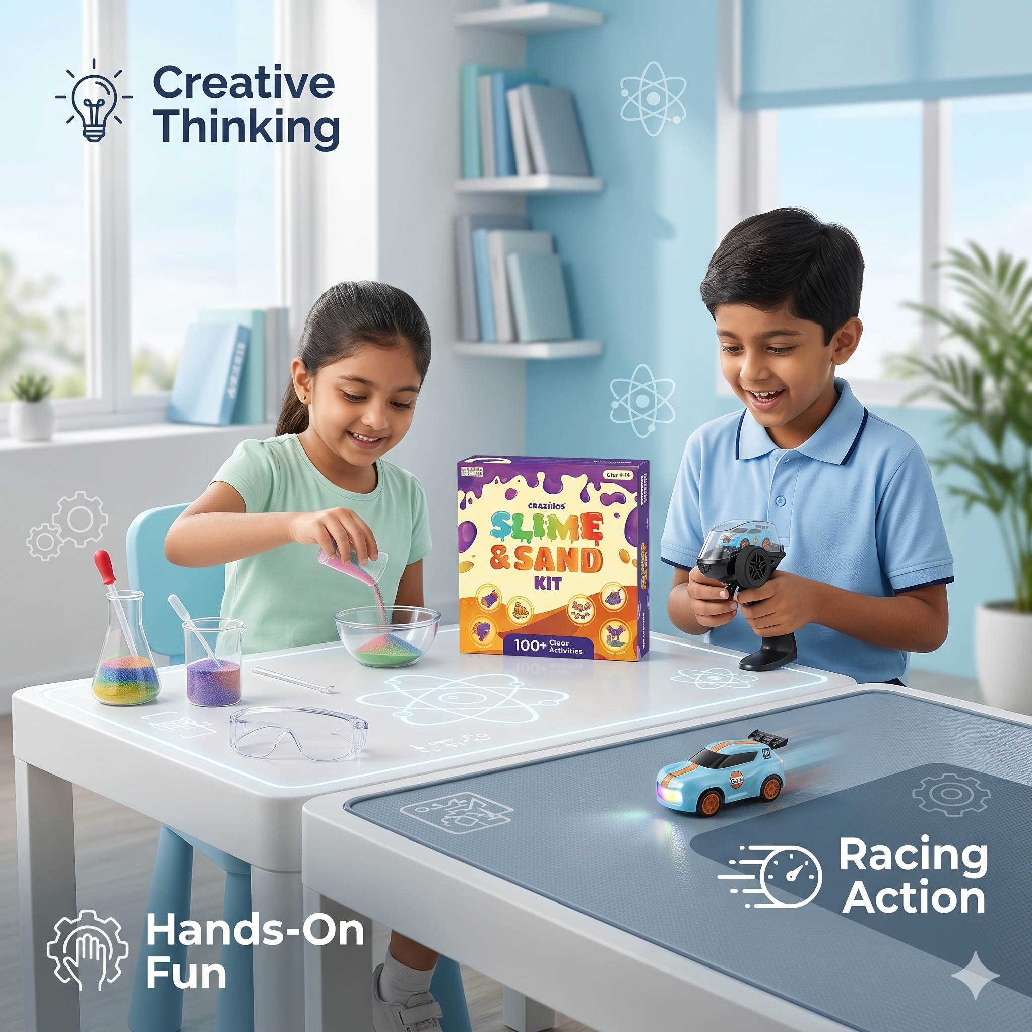 CRAZINOS Ultimate STEM & Racing Combo for Kids | 3-in-1 Slime, Sand & Clay Kit with 100+ Activities + Mini 1:64 RC Drift Car with LED Lights & Remote Control | Educational Birthday Gift Set for Boys & Girls Age 4–16 Years