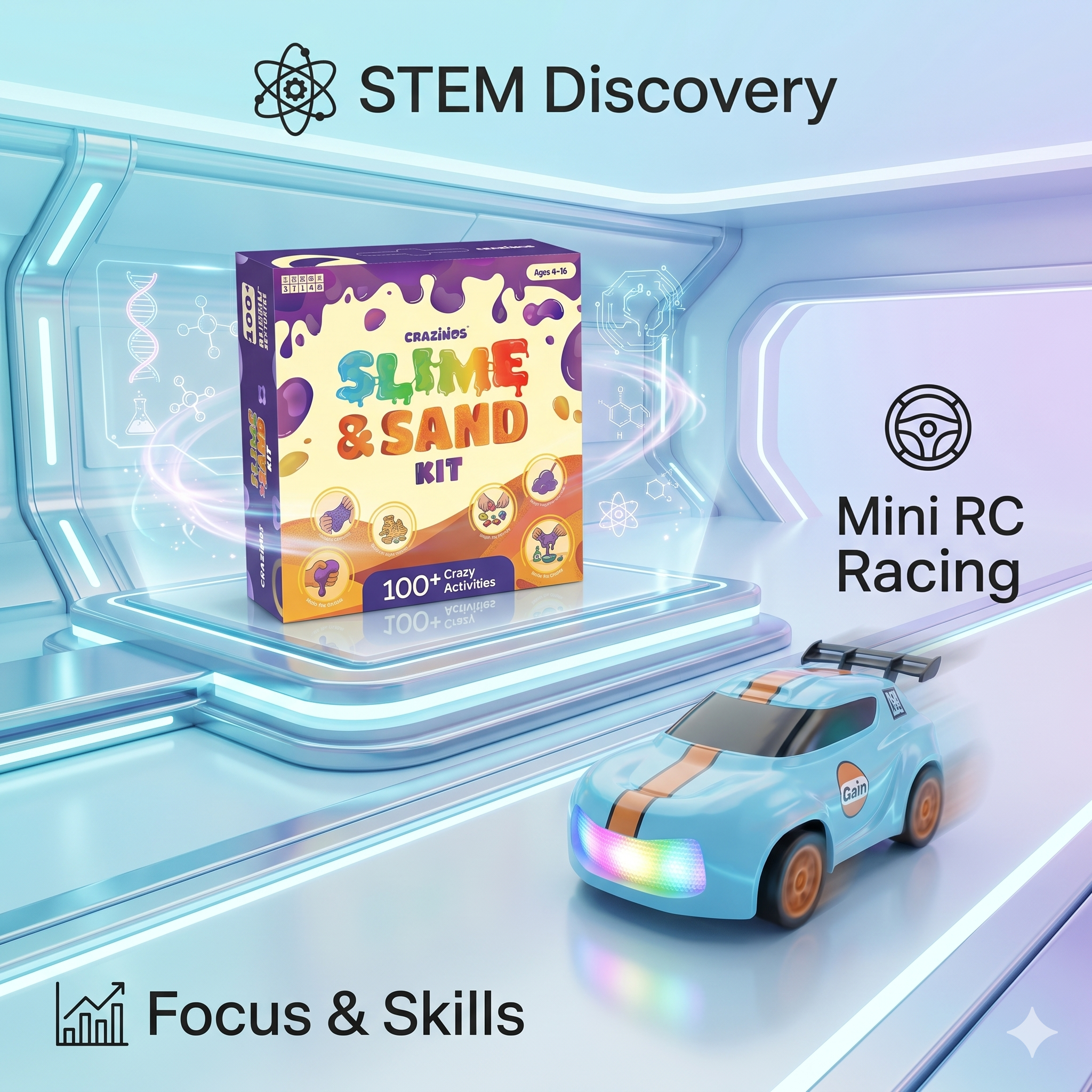 CRAZINOS Ultimate STEM & Racing Combo for Kids | 3-in-1 Slime, Sand & Clay Kit with 100+ Activities + Mini 1:64 RC Drift Car with LED Lights & Remote Control | Educational Birthday Gift Set for Boys & Girls Age 4–16 Years