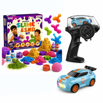 CRAZINOS Ultimate STEM & Racing Combo for Kids | 3-in-1 Slime, Sand & Clay Kit with 100+ Activities + Mini 1:64 RC Drift Car with LED Lights & Remote Control | Educational Birthday Gift Set for Boys & Girls Age 4–16 Years