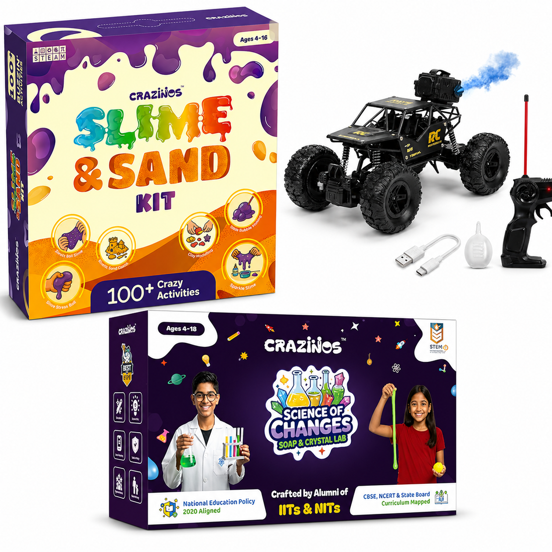 CRAZINOS Ultimate STEM Adventure Combo for Kids | 3-in-1 Slime, Sand & Clay Kit with 100+ Activities + Off Road RC Monster Truck + Soap & Crystal DIY Science Kit | Educational Birthday Gift Set for Boys & Girls Age 4–16 Years