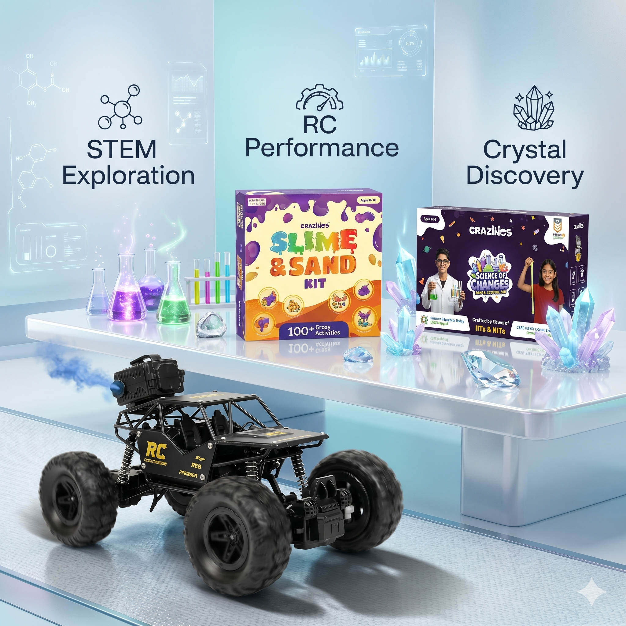CRAZINOS Ultimate STEM Adventure Combo for Kids | 3-in-1 Slime, Sand & Clay Kit with 100+ Activities + Off Road RC Monster Truck + Soap & Crystal DIY Science Kit | Educational Birthday Gift Set for Boys & Girls Age 4–16 Years