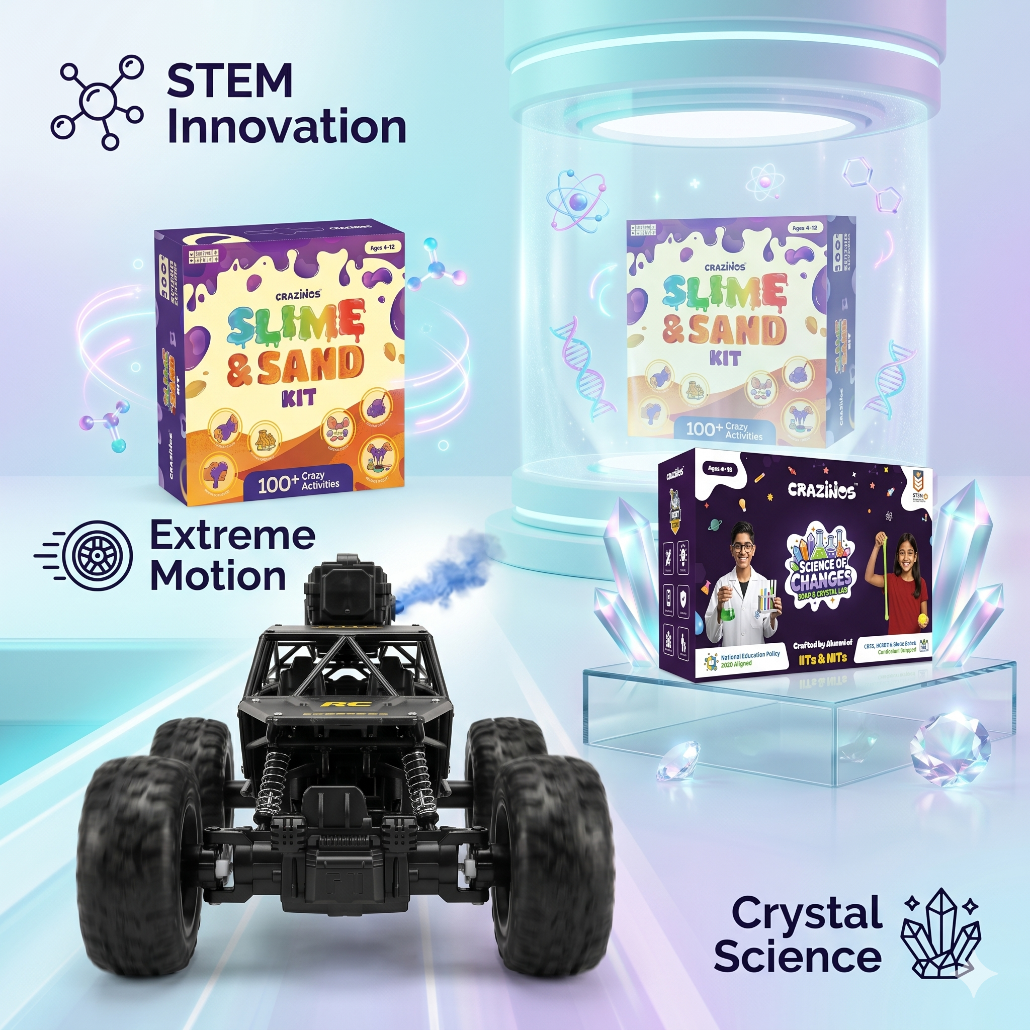 CRAZINOS Ultimate STEM Adventure Combo for Kids | 3-in-1 Slime, Sand & Clay Kit with 100+ Activities + Off Road RC Monster Truck + Soap & Crystal DIY Science Kit | Educational Birthday Gift Set for Boys & Girls Age 4–16 Years