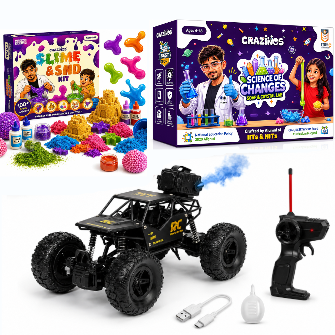 CRAZINOS Ultimate STEM Adventure Combo for Kids | 3-in-1 Slime, Sand & Clay Kit with 100+ Activities + Off Road RC Monster Truck + Soap & Crystal DIY Science Kit | Educational Birthday Gift Set for Boys & Girls Age 4–16 Years