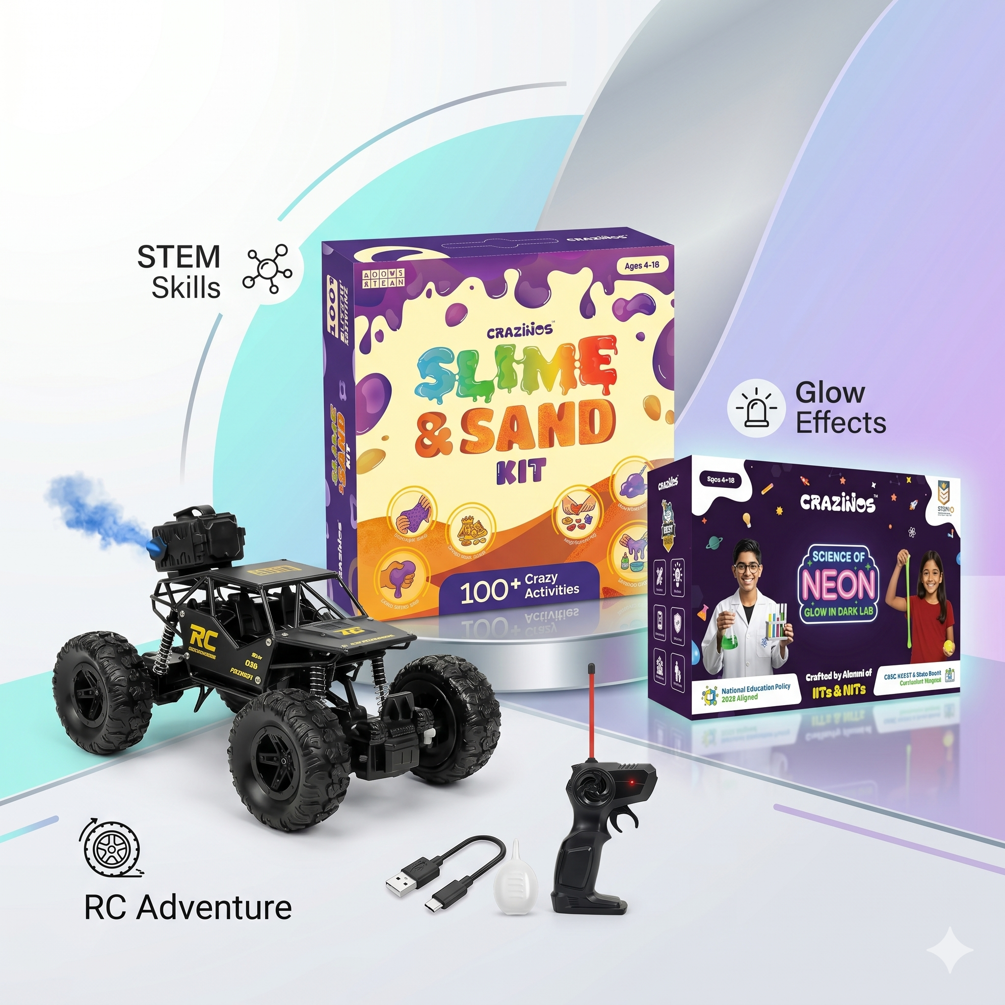 CRAZINOS Ultimate STEM & Adventure Combo for Kids | 3-in-1 Slime, Sand & Clay Kit with 100+ Activities + Off Road RC Monster Truck + Glow in Dark Science DIY Kit | Educational Birthday Gift Set for Boys & Girls Age 4–16 Years