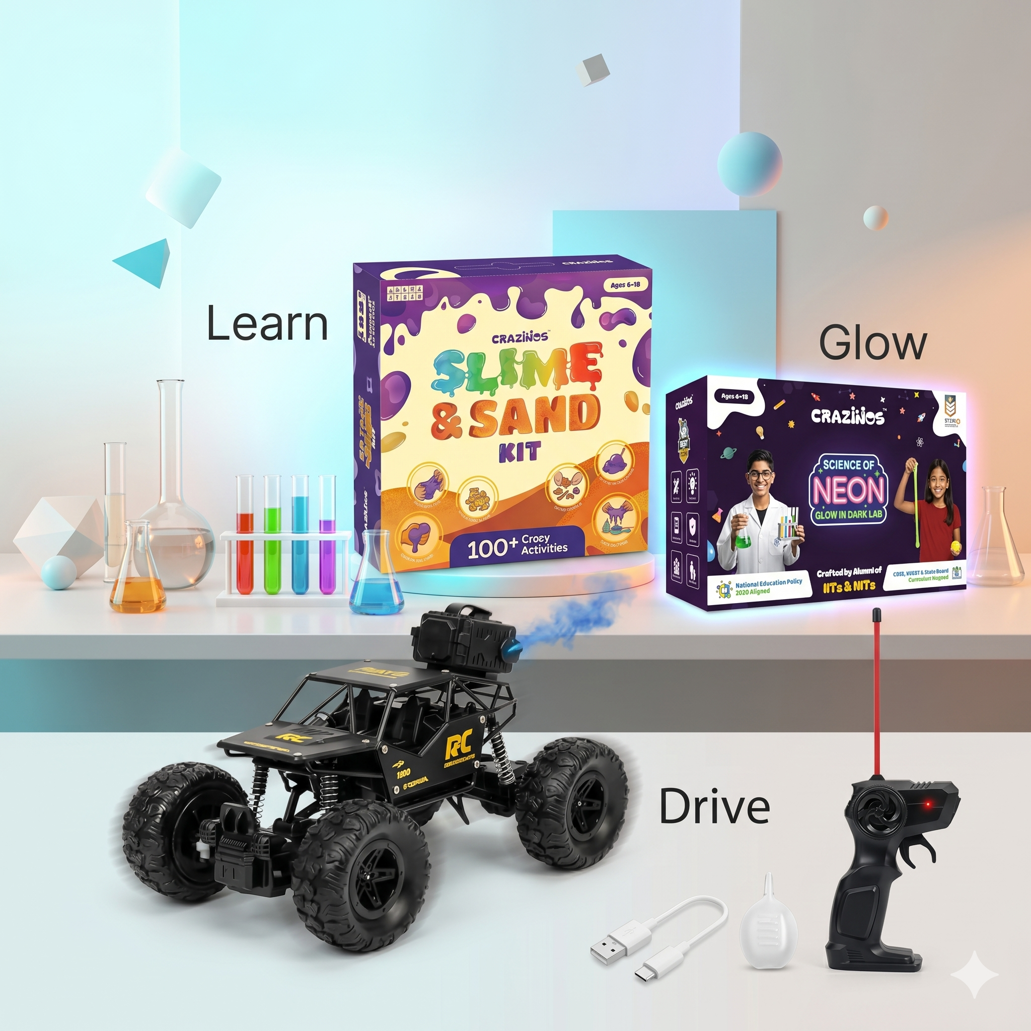 CRAZINOS Ultimate STEM & Adventure Combo for Kids | 3-in-1 Slime, Sand & Clay Kit with 100+ Activities + Off Road RC Monster Truck + Glow in Dark Science DIY Kit | Educational Birthday Gift Set for Boys & Girls Age 4–16 Years