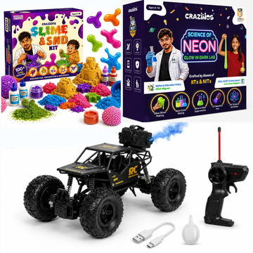 CRAZINOS Ultimate STEM & Adventure Combo for Kids | 3-in-1 Slime, Sand & Clay Kit with 100+ Activities + Off Road RC Monster Truck + Glow in Dark Science DIY Kit | Educational Birthday Gift Set for Boys & Girls Age 4–16 Years