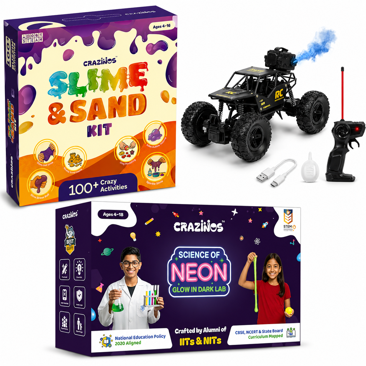 CRAZINOS Ultimate STEM & Adventure Combo for Kids | 3-in-1 Slime, Sand & Clay Kit with 100+ Activities + Off Road RC Monster Truck + Glow in Dark Science DIY Kit | Educational Birthday Gift Set for Boys & Girls Age 4–16 Years