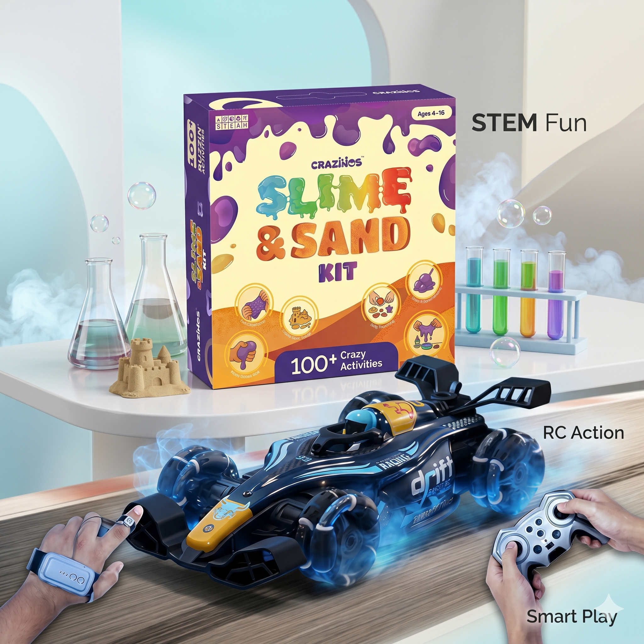 CRAZINOS 3 in 1 Slime, Kinetic Sand & Clay Kit with Off Road RC Monster Truck for Kids | 100+ STEM Sensory Activities & Rechargeable Remote Control Car Toy | Educational Birthday Gift for Boys & Girls Age 4-16 Years