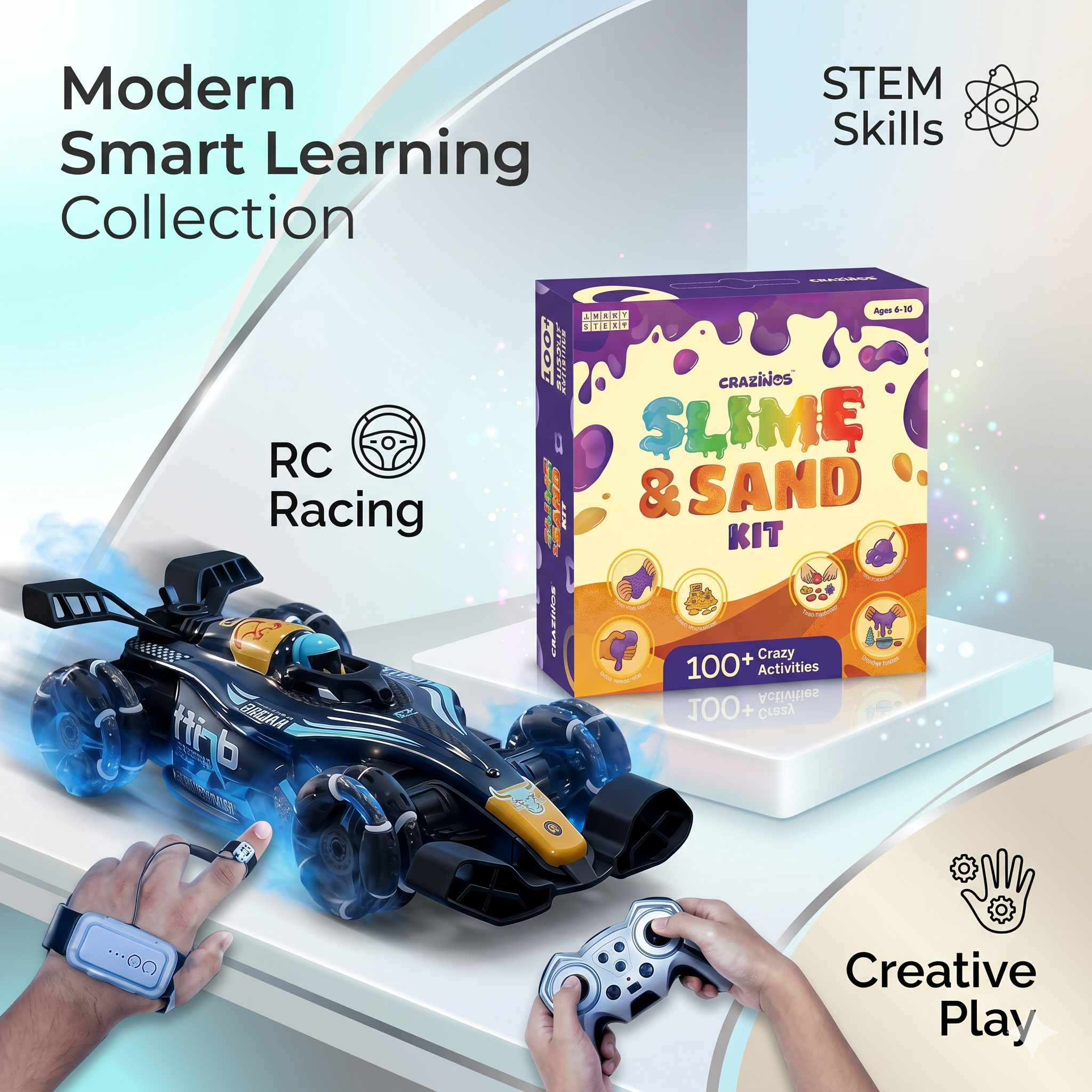 CRAZINOS 3 in 1 Slime, Kinetic Sand & Clay Kit with Off Road RC Monster Truck for Kids | 100+ STEM Sensory Activities & Rechargeable Remote Control Car Toy | Educational Birthday Gift for Boys & Girls Age 4-16 Years