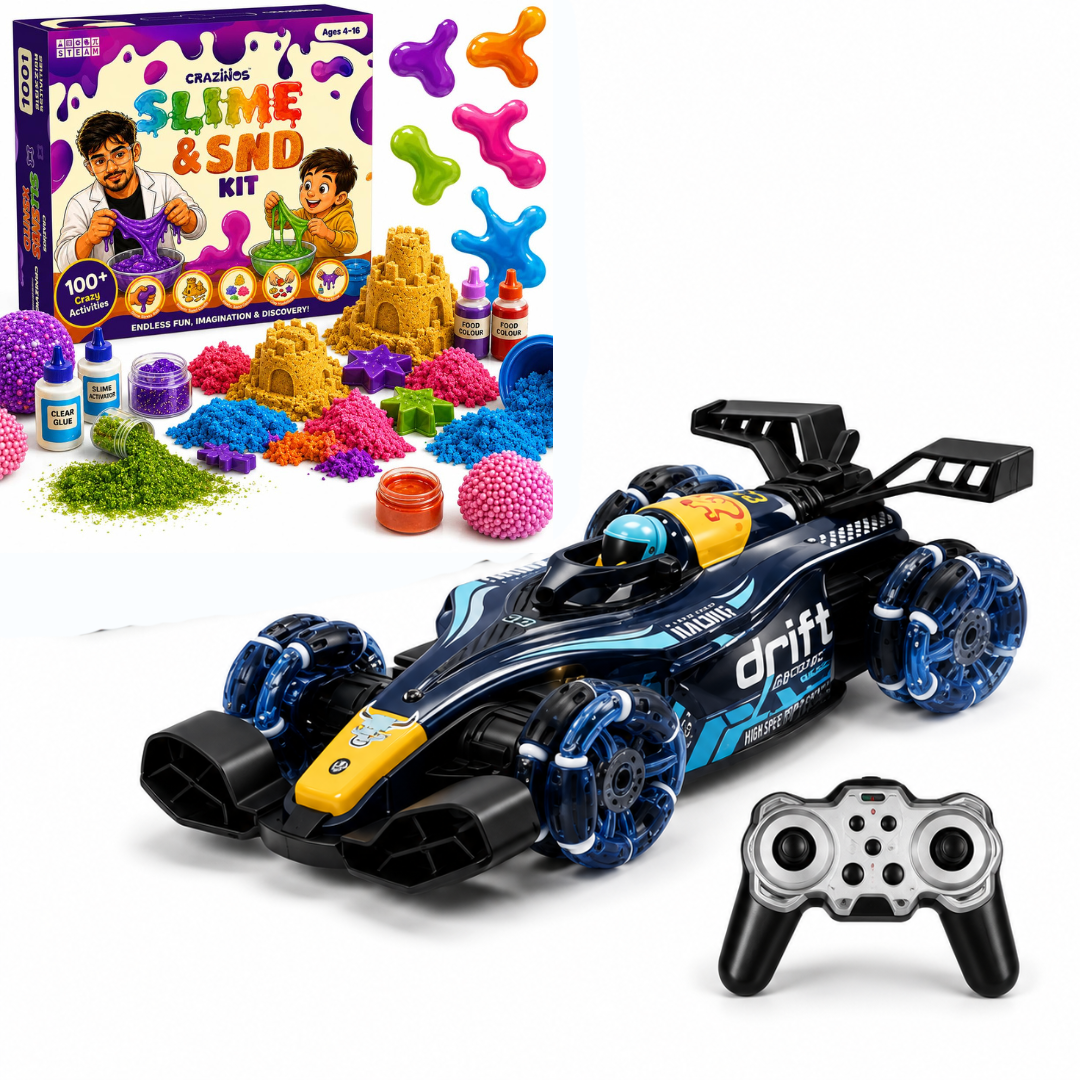 CRAZINOS 3 in 1 Slime, Kinetic Sand & Clay Kit with Off Road RC Monster Truck for Kids | 100+ STEM Sensory Activities & Rechargeable Remote Control Car Toy | Educational Birthday Gift for Boys & Girls Age 4-16 Years