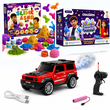 CRAZINOS 3 in 1 Slime, Kinetic Sand & Clay STEM Activity Kit with G-Class Remote Control SUV Car Toy & Soap Crystal Science Making Kit | 100+ Sensory STEM Activities, LED & Smoke RC Car | Educational Birthday Gift for Kids Age 3–18 Years