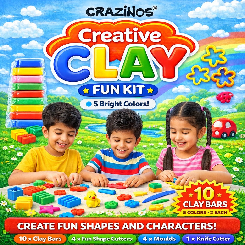 Crazinos Creative Clay Fun bucket for Kids | 10 Clay Bars (5 Colors × 2 Each) | 8 Moulds & 1 Knife | DIY Art & Craft Toy for Kids