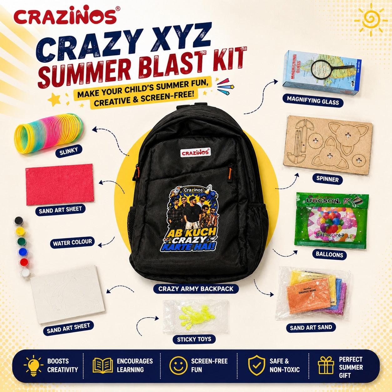 Crazinos Summer Blast Kit for Kids | Sand Art, Water Colours, Spinner, Slinky & More