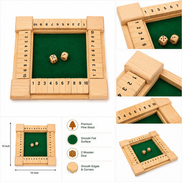 Premium Wooden Shut The Box Dice Game | 10 Inch Pine Wood Board Game with Felt Surface & 2 Dice | Family Math & Strategy Game for Kids & Adults