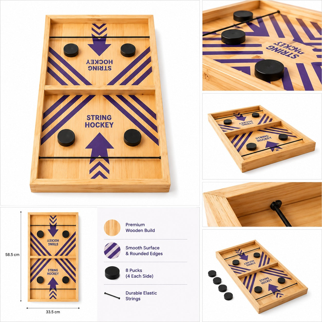 Crazinos Wooden String Hockey Game | Fast Sling Puck Board Game for Kids & Adults | Premium Wooden Tabletop Game with 8 Pucks | Family Fun & Party Game